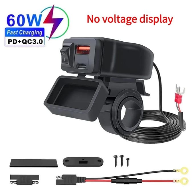 PD+QC3.0 Motorfiets USB Snellader 60W Stuur Dubbele USB-aansluiting met schakelaar Voltmeter Waterdichte 12V Voedingsadapter QC3.0+PD