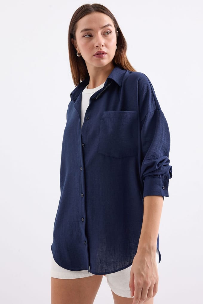 Linnen Gemixt Shirt met Knopen Sluiting