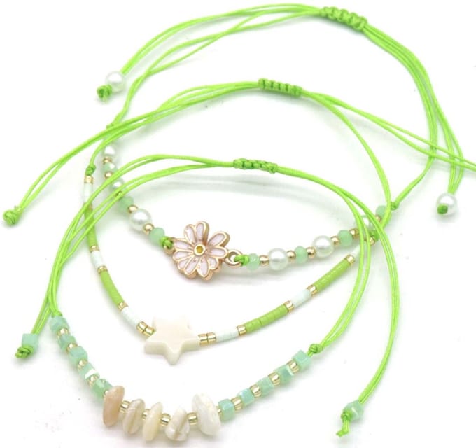 Set Armbanden - Bloem en Steentjes - 3 Stuks - Lengte Verstelbaar - Groen