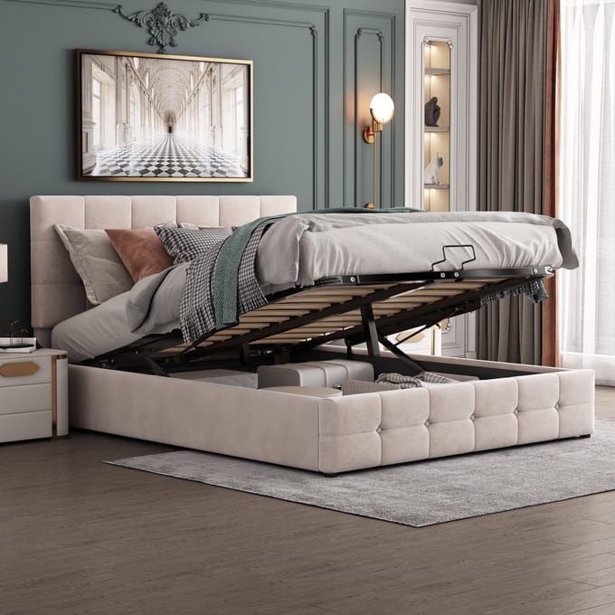 MODFU Bedframe 140x200 cm – gestoffeerd fluweel crème wit – met hydraulische opbergruimte en verstelbaar hoofdbord