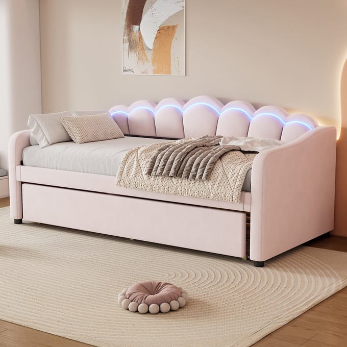 MODFU Bedframe 90x200 cm – roze fluweel – uitrolbaar slaapbank met verstelbare LED – dagbed