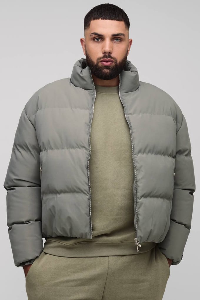 Plus Men's Boxy Fit Funnel Neck Pufferjas | Grey | Size 3XL