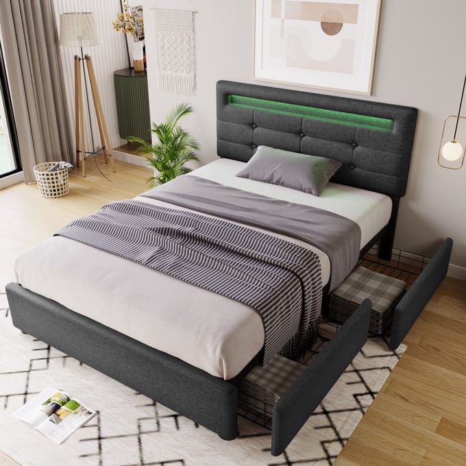 MODFU Bedframe 90x200 cm – Grijs linnen met LED & 2 lades – Lattenbodem