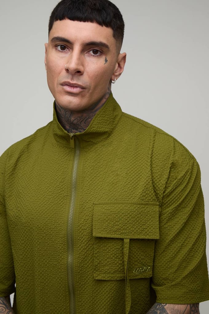 Lang Oversized Shirt Met Col Hals En Gestructureerde Ripstop Cargo Stijl & Lange Short Set | Khaki | Size Medium