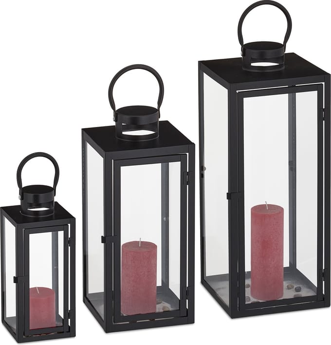 lantaarn windlicht set van 3 - binnen - buiten - div. groottes - modern - zwart
