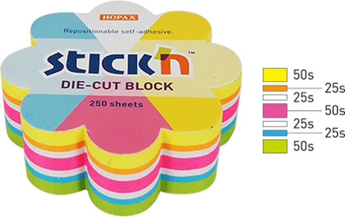 Stick'n Kubus memoblok - Bloem vorm - Verschillende kleuren - 70 x 70 mm - 250 Sticky notes