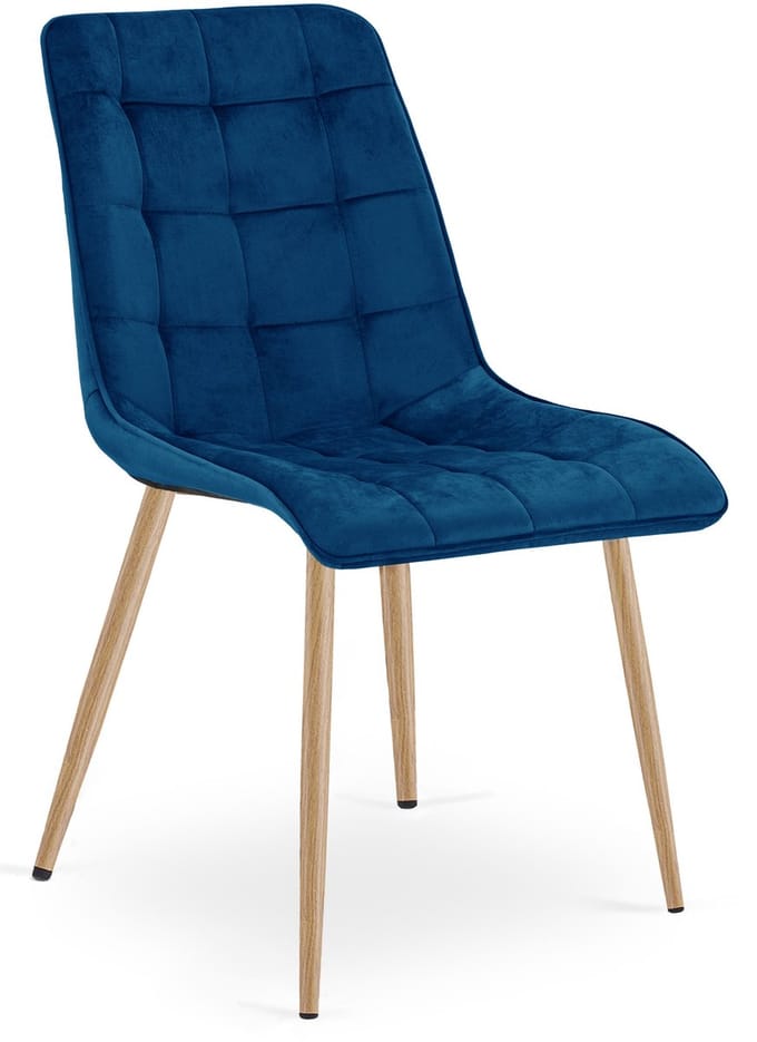 Eetkamerstoel SPLIT – Fluweel donkerblauw – Houtlook metalen poten – Modern design