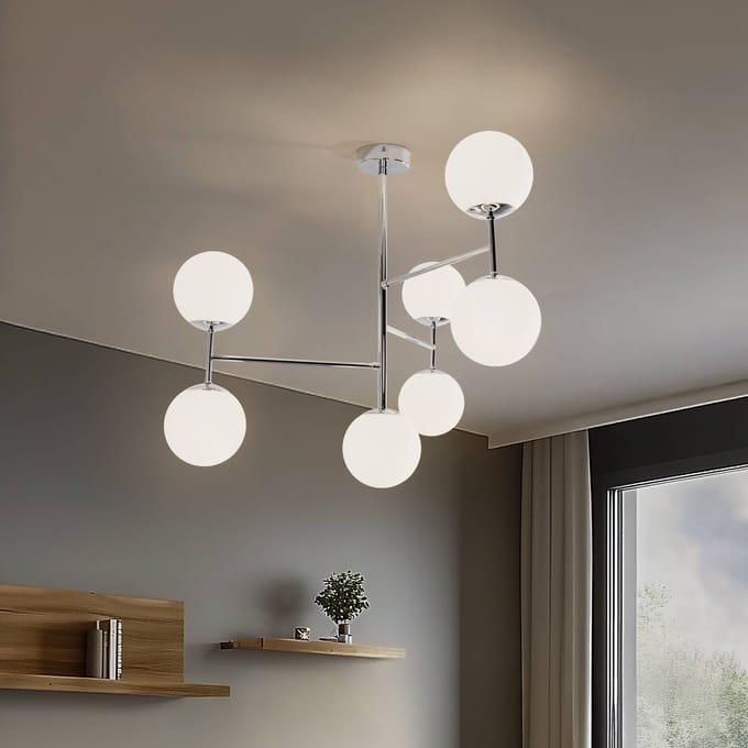 Domiluce Plafondlamp Korek, chroom/wit, glas, 75 cm, 7-lamps, E14