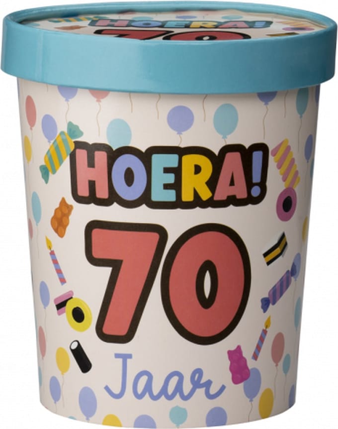Snoeppot - 70 jaar cadeau - gevuld met snoep en drop