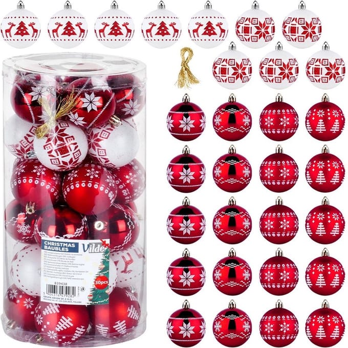 Kerstballen Set Onbreekbaar Rood Wit 6 cm 30 stuks - Kerstdecoratie
