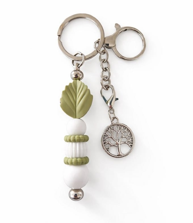 Sleutelhanger, tashanger met blad en levensboom | groen ,wit