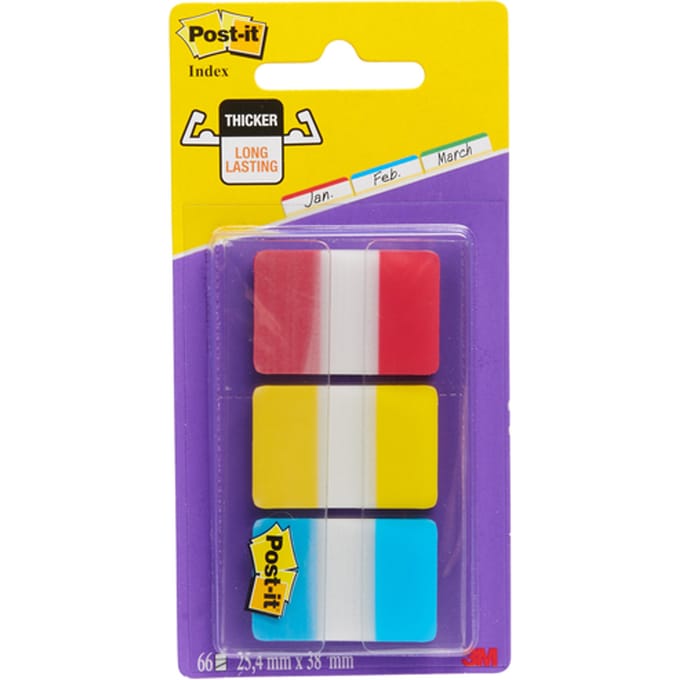 Post-it® Index Strong, Blauw, Rood, Geel, 25.4 x 38 mm, 22 Tabs/Kleur/Dispenser