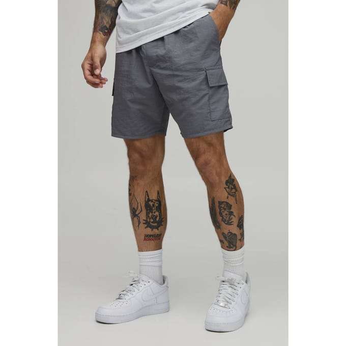 Essential Slim Fit Elasticated Nylon Cargo Shorts | Grey | Size Large
