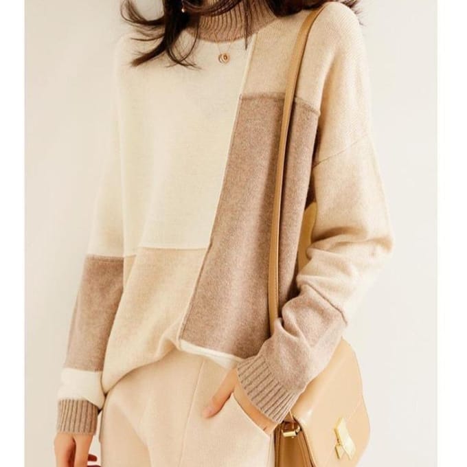 Pull à Col Haut Bloc de Couleurs Irrégulier pour Femme Coupe Ample et Tendance Pull de Base 2XL beige