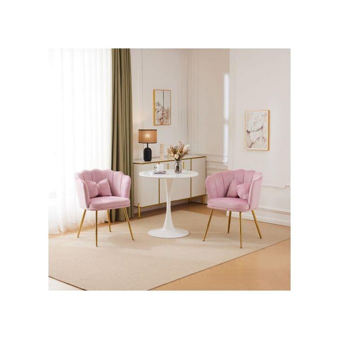 Chaise - MUVOE - Forme de pétale - Velours rose - Dossier capitonné cannelé - Pieds métal doré