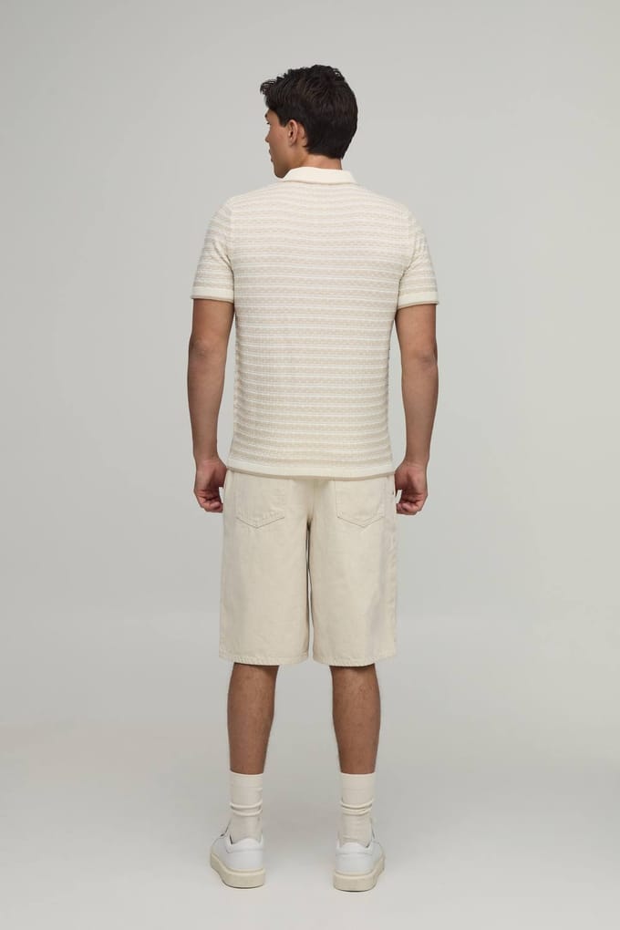 Regular Textured Stripe Knitted Polo T-Shirt | Stone | Size Medium