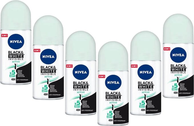 Nivea Deodorant roller Black & White Active - Voordeelverpakking 6 x 50 ml.