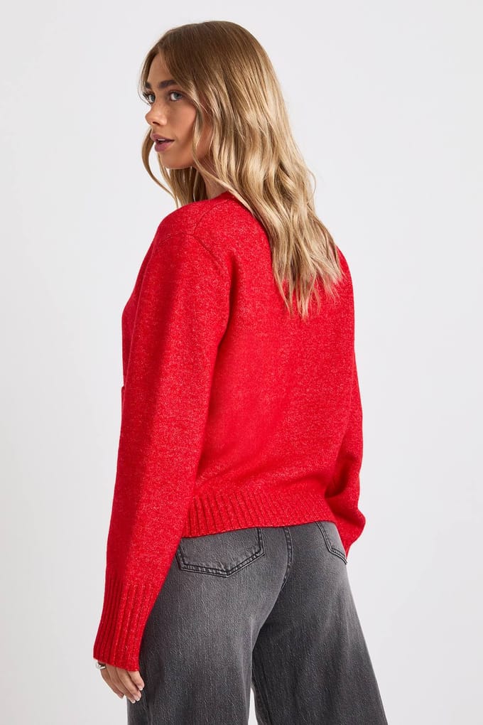 boohoo Dames V-hals oversized gebreide trui met zakdetail | Red | Maat: Medium