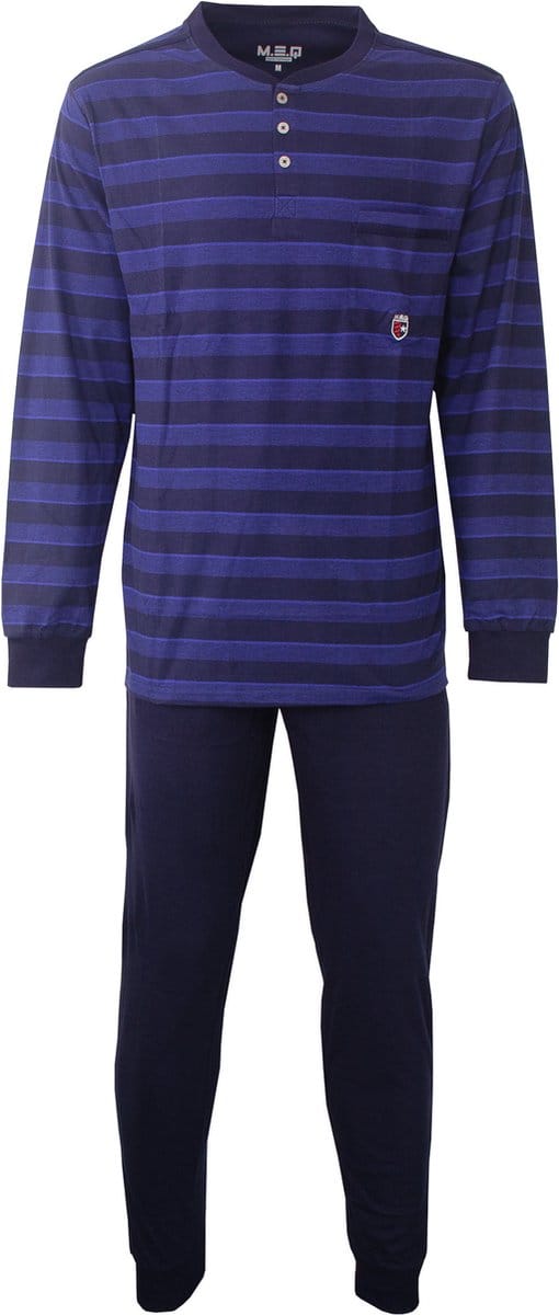 MEQ Heren Pyjama - 100% Katoen - Polo Sluiting - Blauw - Maat S