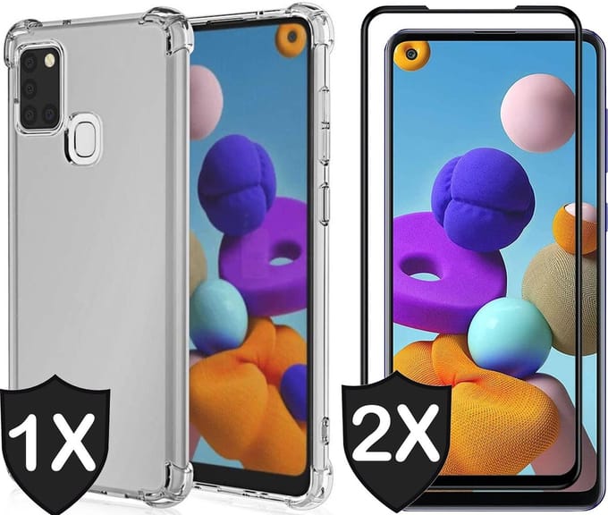 Hoesje geschikt voor Samsung Galaxy A21s - Transparant Shock Proof Case + 2x Full Screen Protector Glas