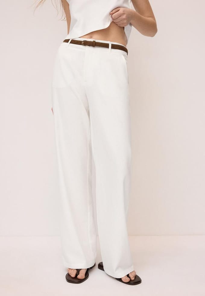 Stradivarius Rechte broek met riem en linnen-look  Ecru 32