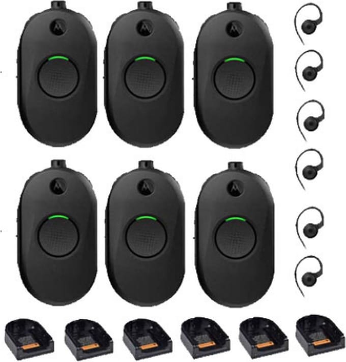 Set van 6 Motorola CLP446E Mini Portofoons met oortje en tafel lader