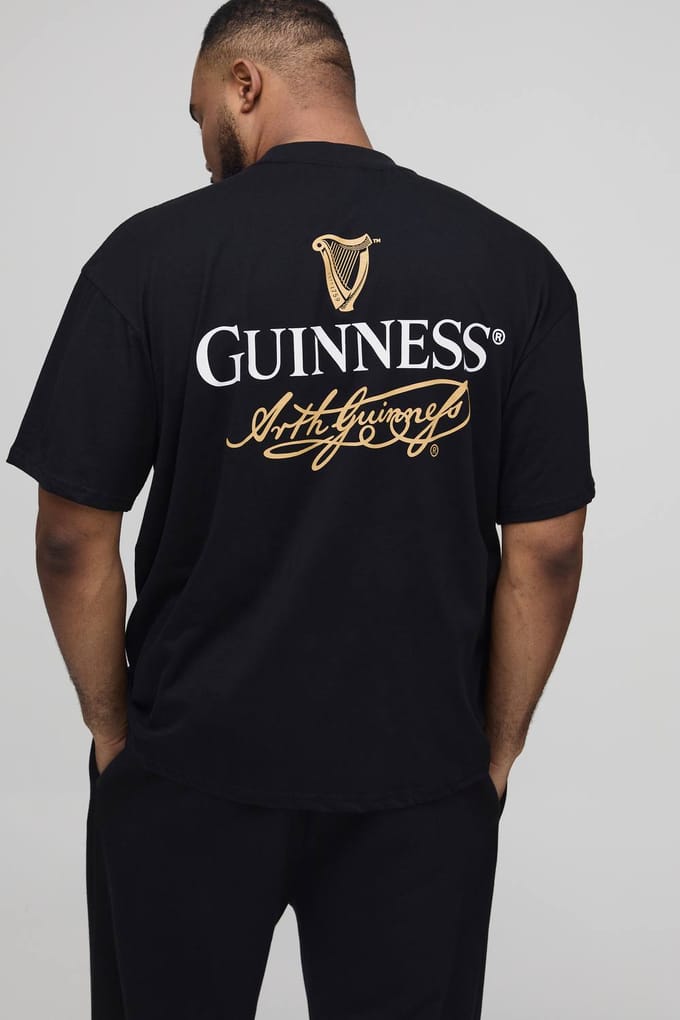 Plus Zwart Oversized Extended Neck Guinness License Bedrukt T-Shirt | Black | Size 2XL