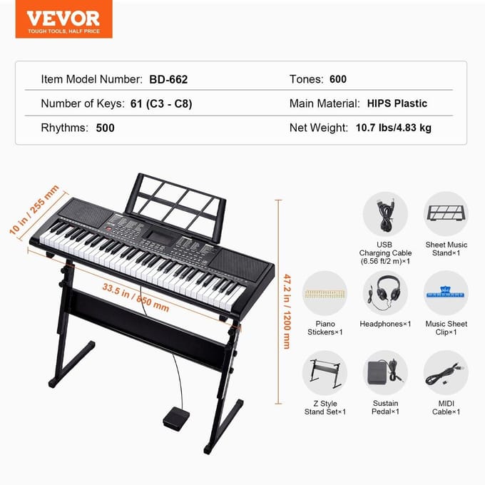 Clavier Piano Numérique 61 Touches Électrique Portable avec Support Réglable
