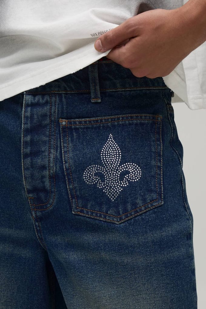 Fleur De Lis Rhinestone Denim Jorts | Antique Blue | Size 60