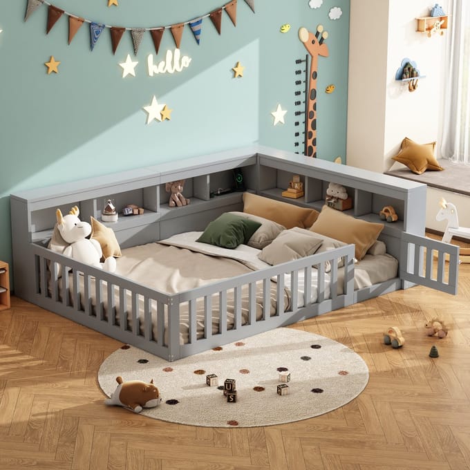 MODFU - Bedframe 140x200 cm – Grijs daybed met stopcontact, USB & opbergvakken