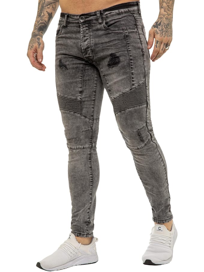 Enzo | Heren Skinny Stretch Biker Denim Jeans - Black Acid
