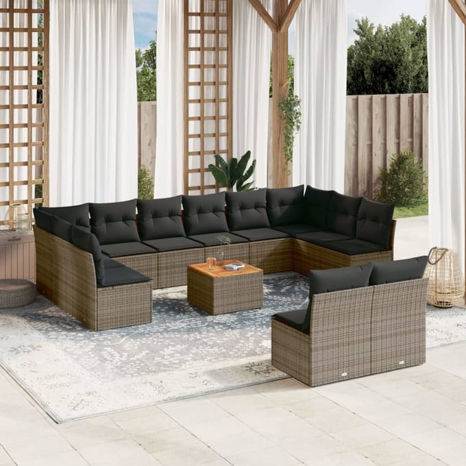 vidaXL - 13-delige - Loungeset - met - kussens - poly - rattan - grijs