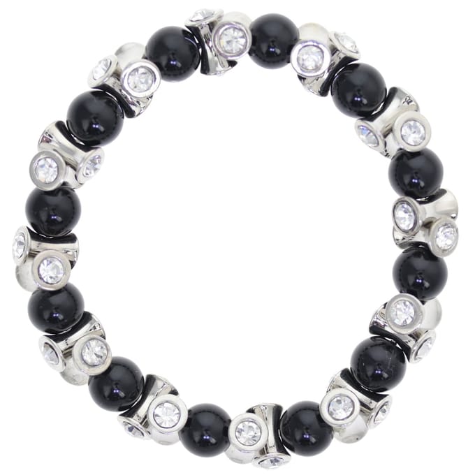 Behave – Armband – Elastisch – 8 mm Glas Parel – Zwart – Zilverkleurig – Transparant Kristal