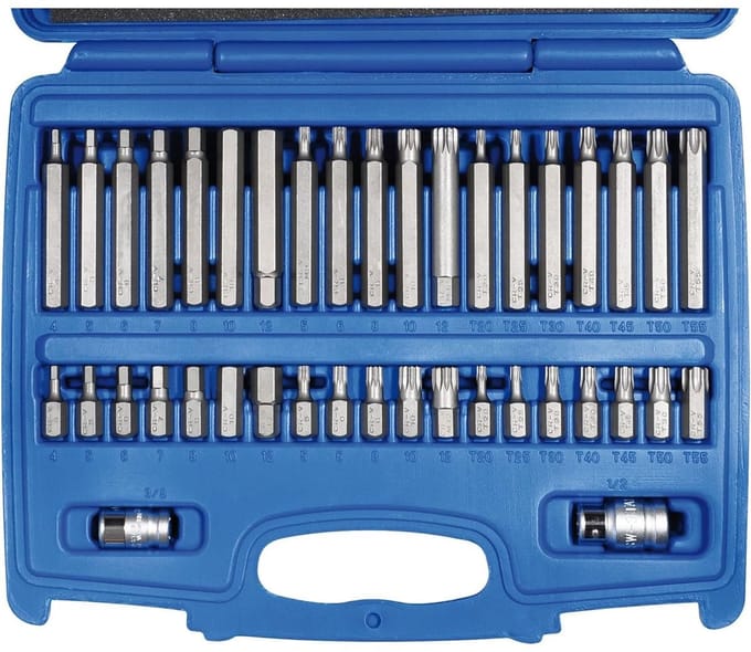 SW-Stahl 04470L Bitset, 3/8", 40-delig | 3/8" Chroom-Vanadium Bitset | Gereedschapskist Bitset, 40-delig | Inwendige Torx Bitset | Universele Bitset | Adapter voor dopsleutel