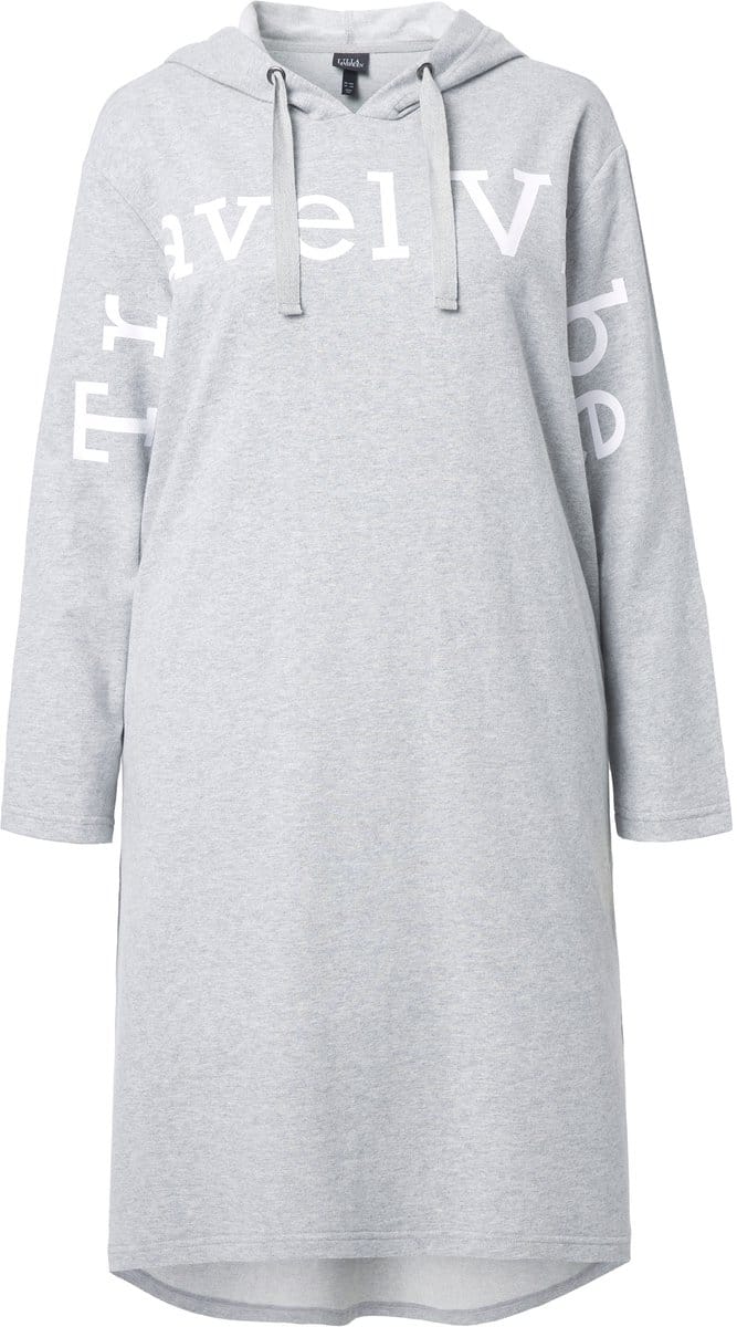 Ulla Popken - Dames - Sweat midi-jurk opschrift capuchon lange mouw - Lichtgrijs melange - Maat 46+
