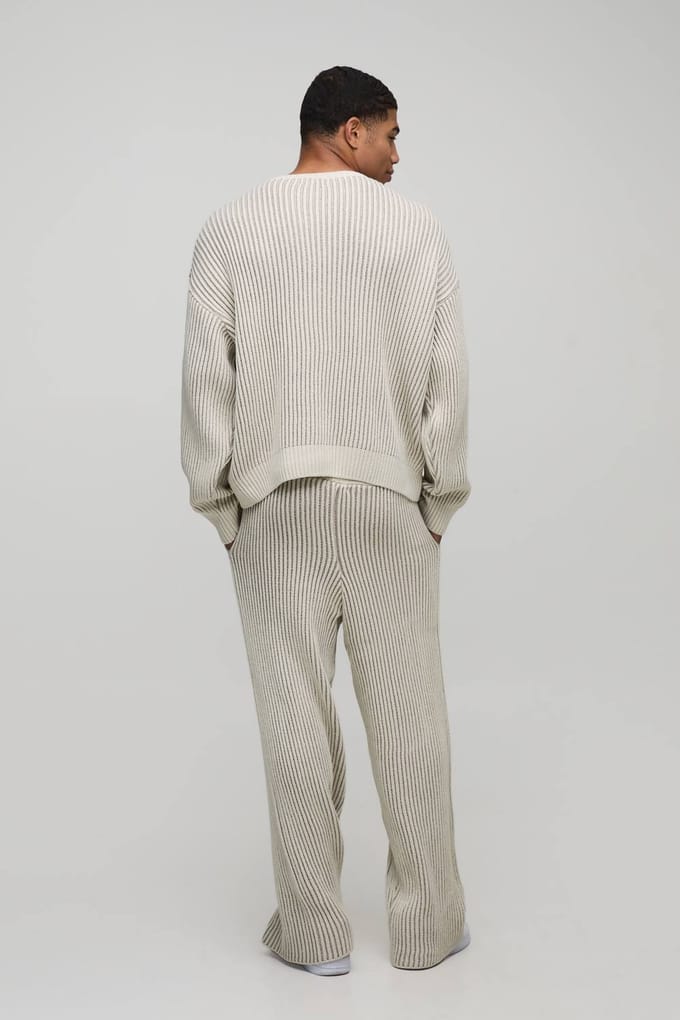 Heren Relaxte Boxy Geribbelde Gebreide Trui | Stone | Size Medium