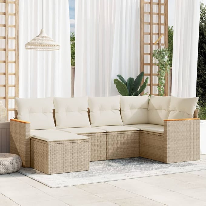 vidaXL - 6-delige - Loungeset - met - kussens - poly - rattan - beige