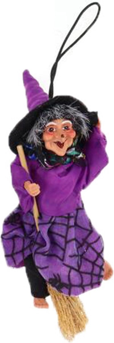 Creation decoratie heksen pop - vliegend op bezem - 10 cm - zwart/paars - Halloween versiering