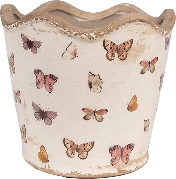 Clayre & Eef Bloempot Binnen Ø 16x15 cm Beige Roze Keramiek Vlinders