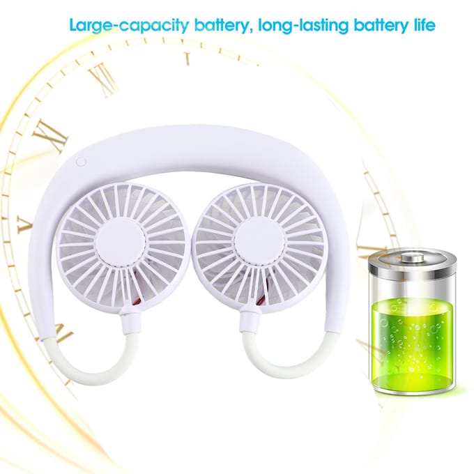 Mini ventilateur tour de cou portable, double ventilateur de bureau rechargeable par USB, 3 vitesses, style suspendu blanc
