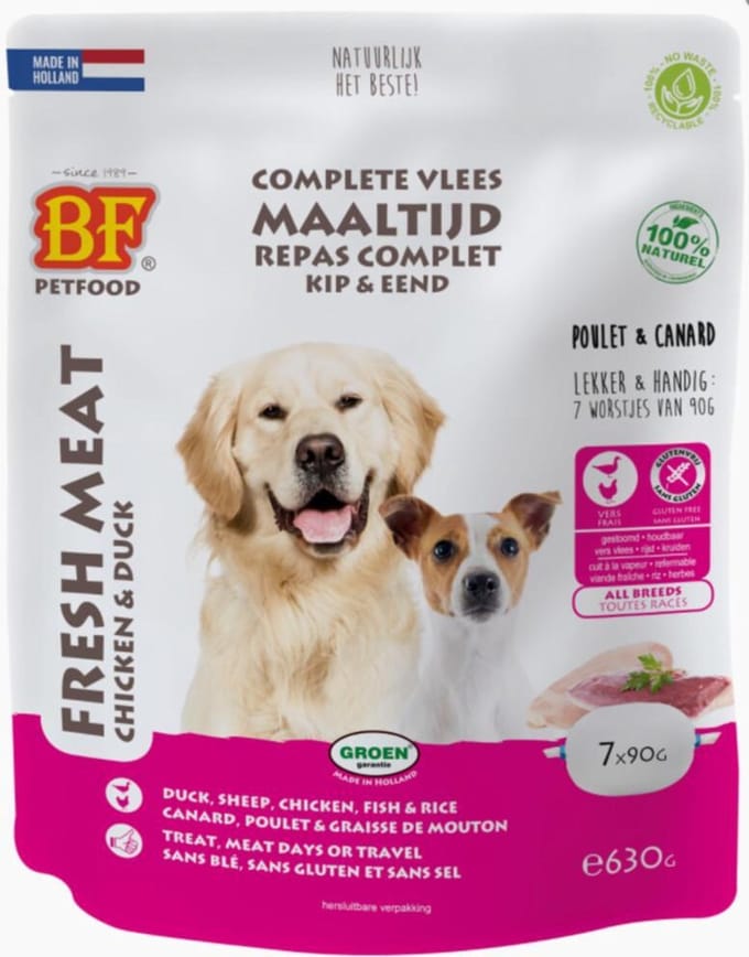 8x BF Petfood Vleesvoeding eend - Kip 7 x 90 gr