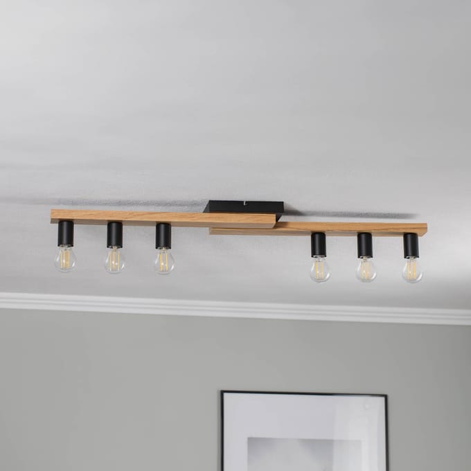 Envostar plafondlamp Laurent, hout/zwart, 6-lamps