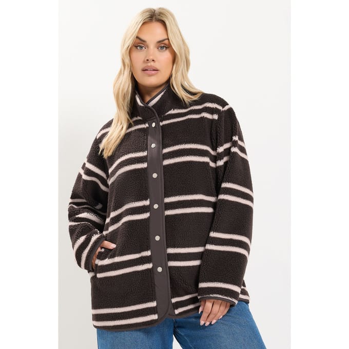 Yours Chocoladebruine Fleece Met Gestreepte Sluiting Size 54-56