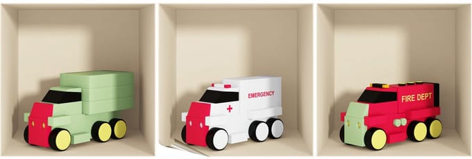 Sticker met 3D-effect van 3 speelgoedvrachtwagens, 40 x 120 cm