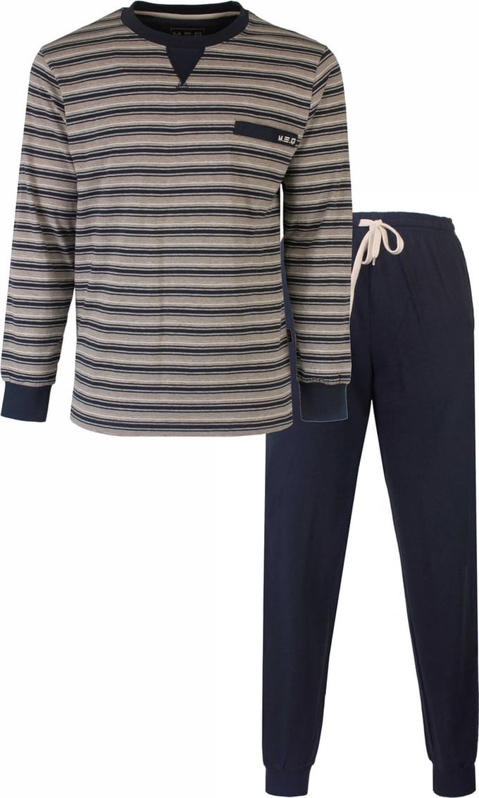 MEQ Heren Pyjama - Gestreept Dessin - Katoen - Navy Blauw - Maat M