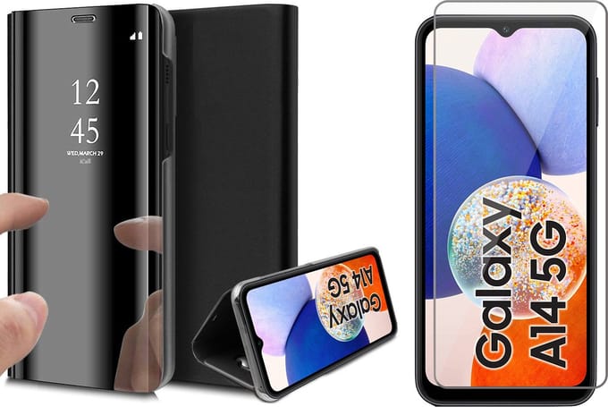 Hoesje geschikt voor Samsung Galaxy A14 - Screen Protector GlassGuard - Book Case Spiegel Zwart & Screenprotector