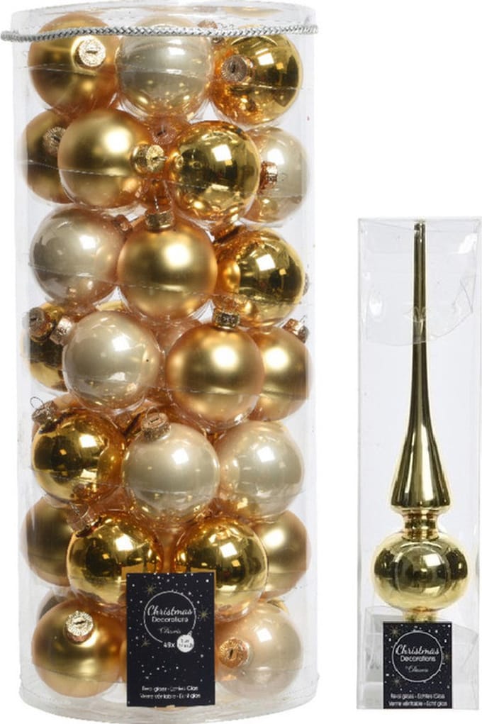 Decoris Glazen kerstballen set - 49x kerstballen - met piek - goud - kerstboomversiering