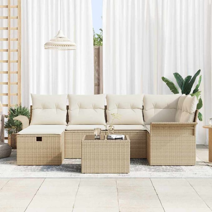 vidaXL - Tuinbank - Set - 7 - st - Beige - en - Crème - poly - rattan