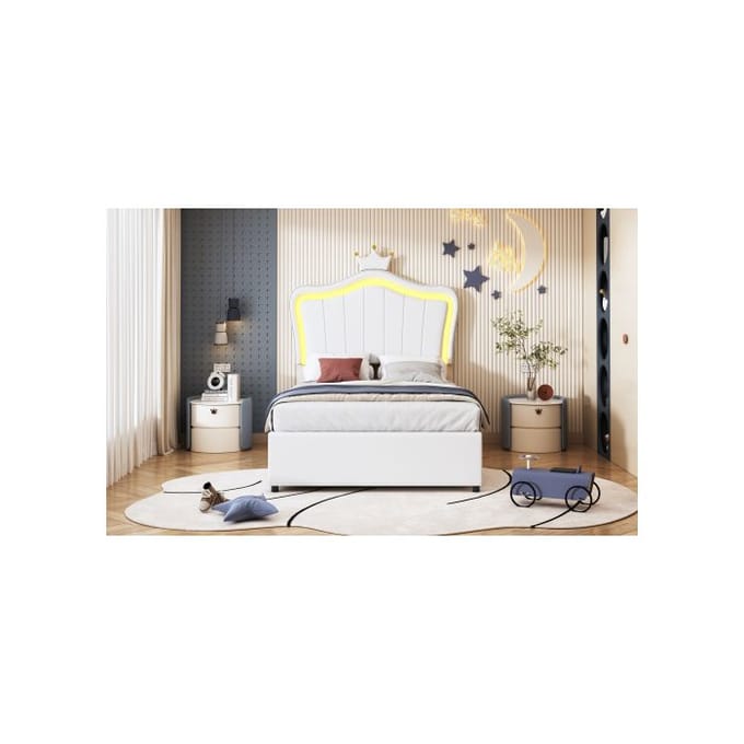Kinderbed - MUVOE - 90x200 cm - Wit Kunstleer - LED-verlichting - Hydraulische opbergruimte wit