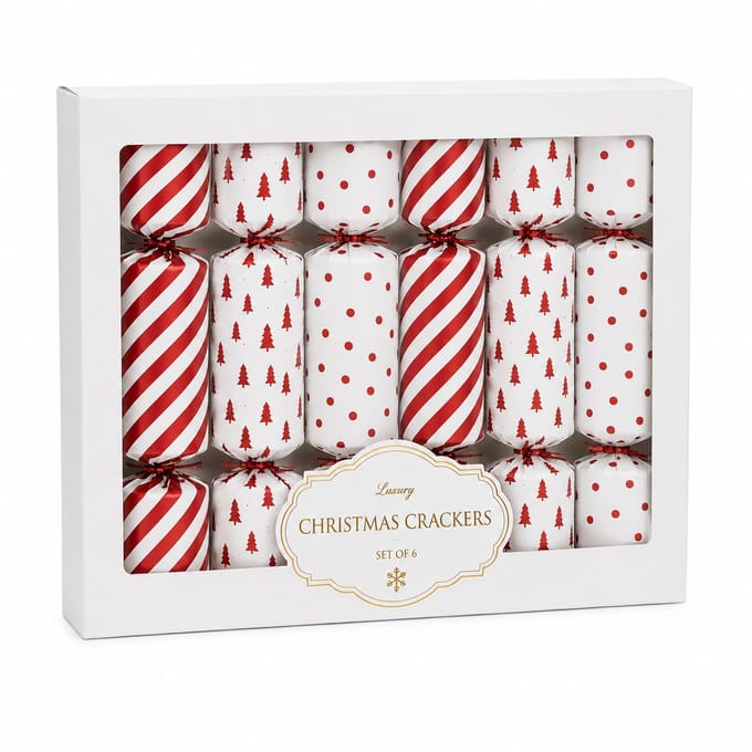 Set van 6 Luxe Christmas Crackers Rood/Wit – Feestelijke Kerstcrackers – Kerst Tafeldecoratie – Kerstdiner Accessoires – Candy Cane Design – Luxe Kerstversiering